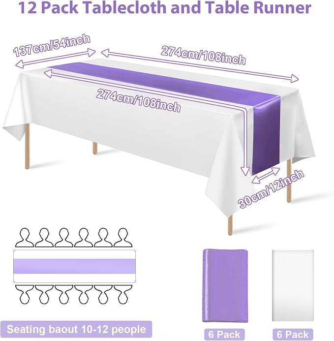 12Pack 12x108Inch Satin Table Runner and 54x108Inch Plastic Tablecloths White Light Purple Disposable Rectangle Table Cover for Graduation Wedding Bridal Shower Anniversary Birthday Party Decorations