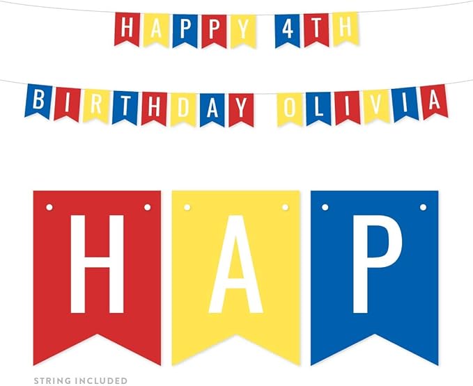 Andaz Press Personalized Hanging Pennant Banner Party Decorations, Red, Yellow, Royal Blue, Happy 4th Birthday Olivia, 1-Pack, Approx. 5-Feet, Custom Name and Number