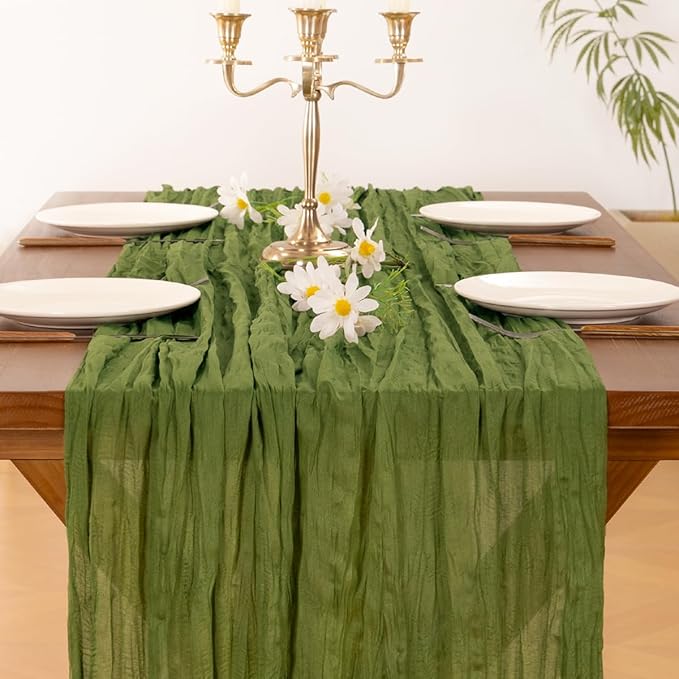 Socomi 3pcs Campsite Green Easter Spring Cheesecloth Table Runner Boho Rustic Gauze 120 inch 10FT Cheese Cloth Runner for Wedding Party Baby Shower Birthday Home Decor Holiday Decorations