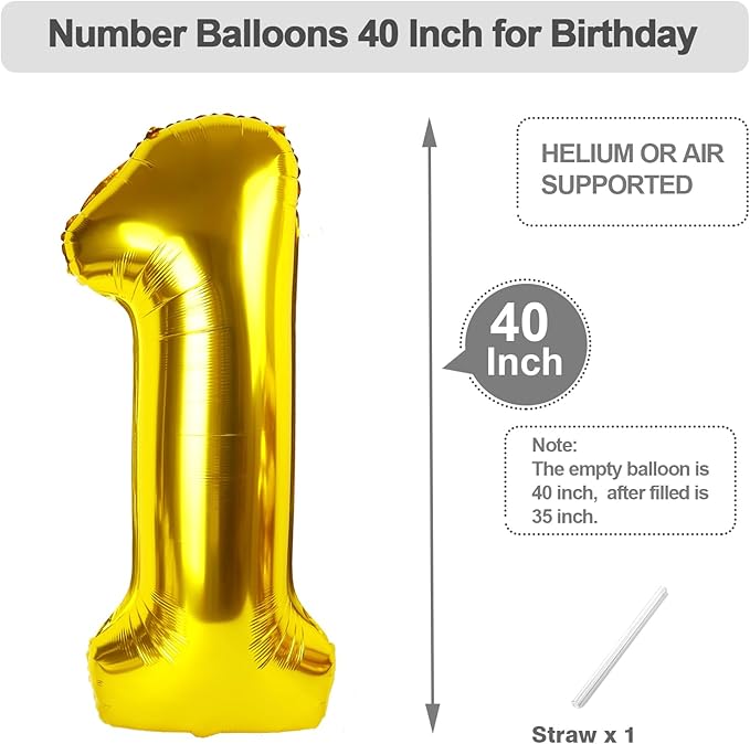 Number Balloons 40 Inch, Gold Balloons for Birthday Party Decoration, Foil Number 1 Ballon for 1, 10, 11, 100 Celebration, Boy and Girl Birthday, Baby Shower, Anniversary Decor