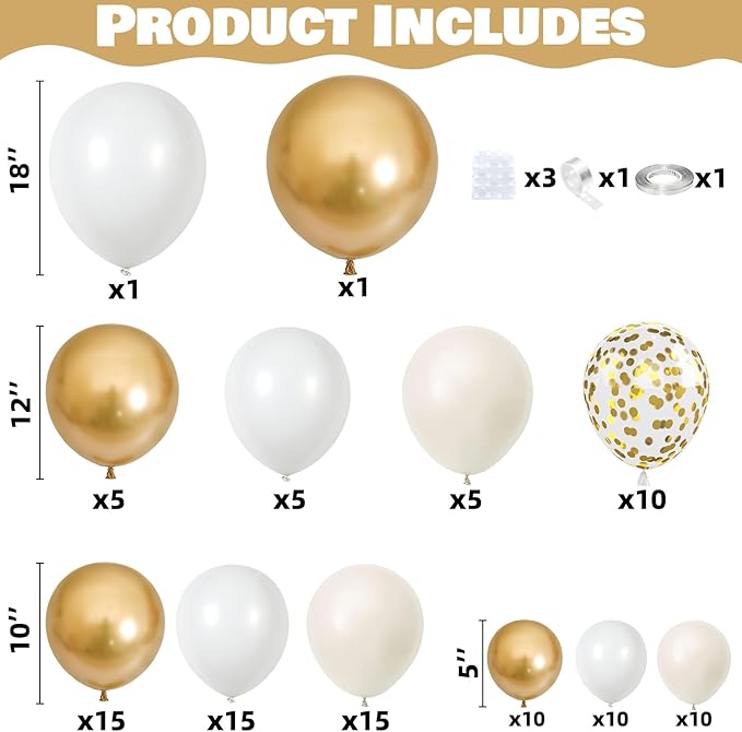 White Sand Gold Balloons Garland Arch Kit, 102 Packs White Nude Cream Balloons with Metallic Chrome Gold Confetti Latex Balloons for Boho Wedding Baby Bridal Shower Engagement Birthday Decorations