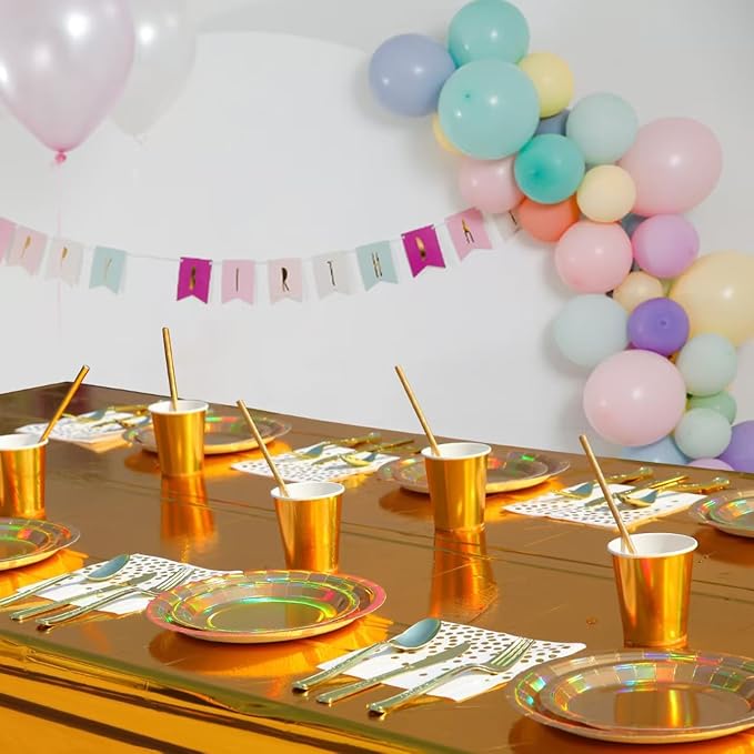 201-piece disposable party tableware set with paper plates, cups, napkins, straws, tablecloths, plastic knives, forks and spoons for a variety of party occasions for up to 25 people (Golden Rainbow)