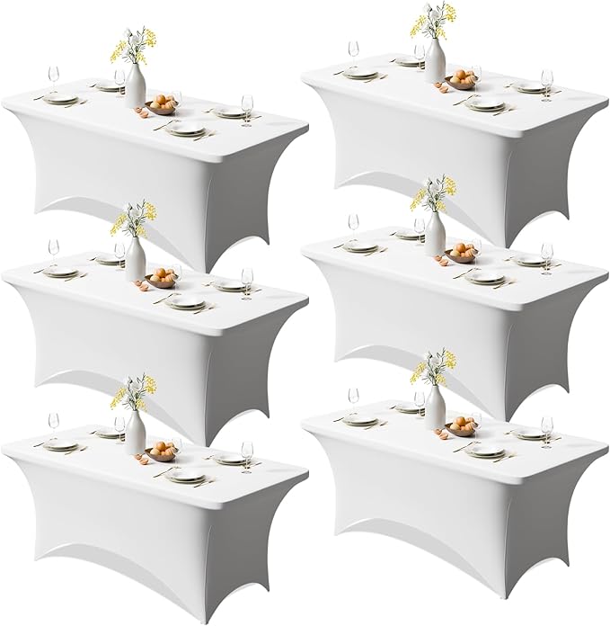 Trlyc 6 Pack 6FT Spandex Table Cloth - 72 x 30 Inch Rectangular Stretch Tablecloth, Wrinkle Resistant Scretch Table Cover for Wedding, Party, Banquet, Picnic, Outdoor Decoration (6Pcs,White)