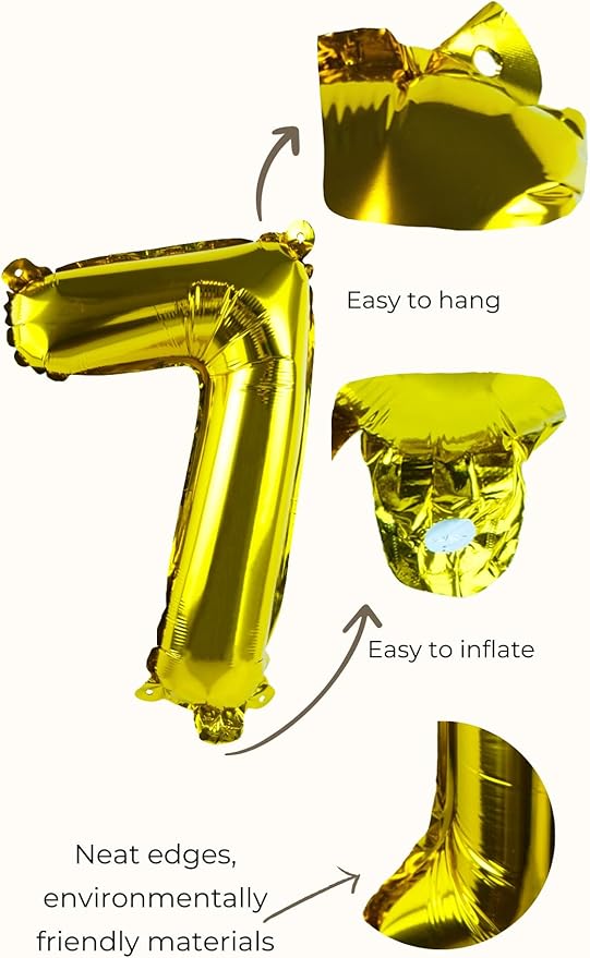 Gold Number “7”Balloons 16 Inch, Mylar Foil Custom Single Letter, Hanging, Reusable for girls boys adults Birthday,Surprise,Wedding, Celebration, Sports Party Event Decoration Supplies