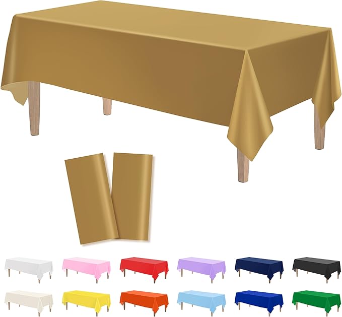 Kopokita 2PCS Gold Plastic Tablecloths 54 x 108 Inch, Disposable Table Cloths Rectangle Party Table Covers