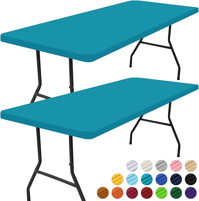 Smiry 2 Pack Rectangle Picnic Table Cloth, Waterproof Elastic Fitted Tablecloths, Washable Polyester Rectangular Patio Table Cover for Camping, Indoor and Outdoor (Teal, 30"x96")