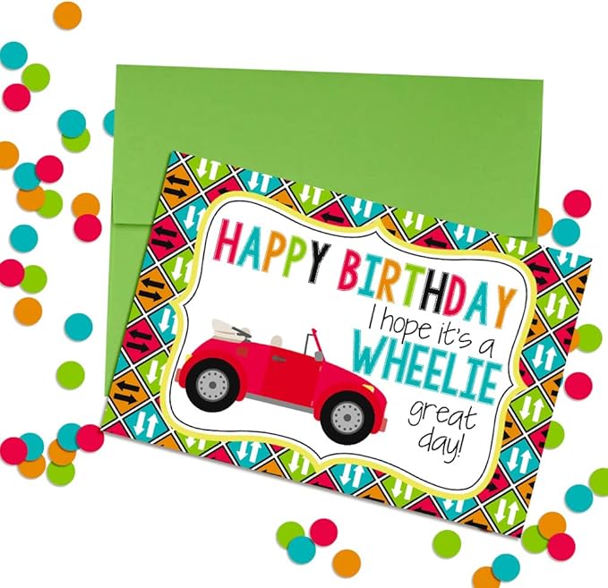 WHEELIE Great Car Birthday Pun Themed Single (1) All Occasion Blank Birthday Card To Send To Friends & Family, 4"x 6" (when folded) Fill In Greeting Note Card by AmandaCreation