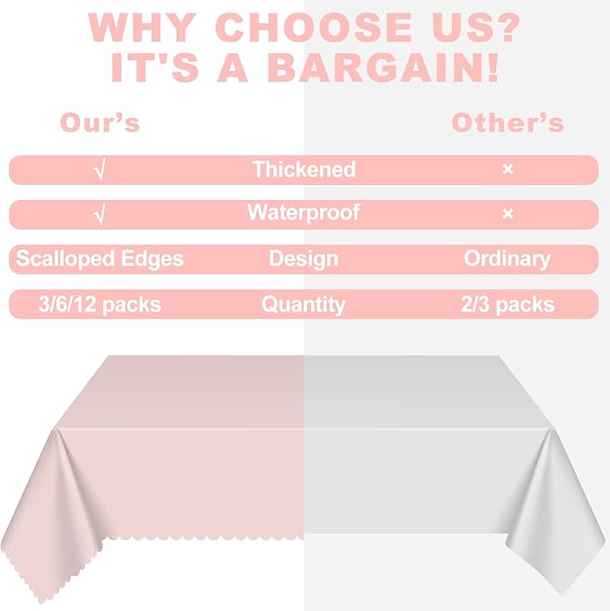 12 Pack Plastic Light Pink Tablecloths, 54 X 108Inch Baby Pink Tablecloth Scalloped Mother's Day Table Cloth for Rectangle Tables Disposable Table Cover for Easter Bridal Shower Tea Party Wedding