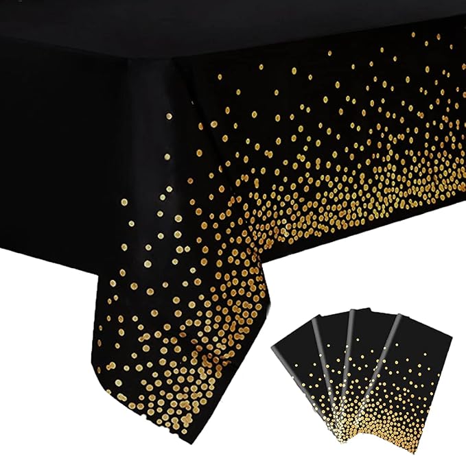 4 Pack Black and Gold Tablecloth for Rectangle Tables Gold Dot Disposable Tablecloths 54" x 108" Plastic Tablecloth Party Table Covers for Birthday Thanksgiving Christmas Wedding Outdoor BBQ Black