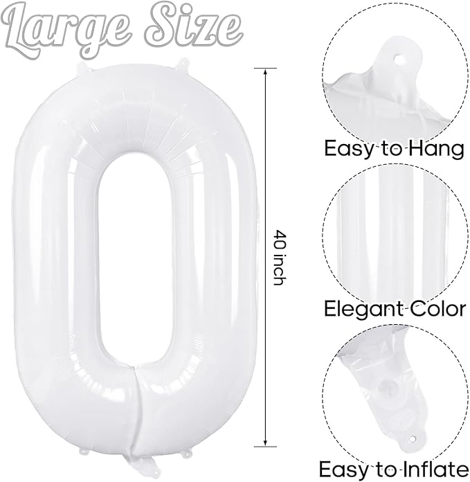 White Number Balloons 40 Inch Helium Mylar Number 0 Balloon for Birthday Party Anniversary Decoration (White, 0)