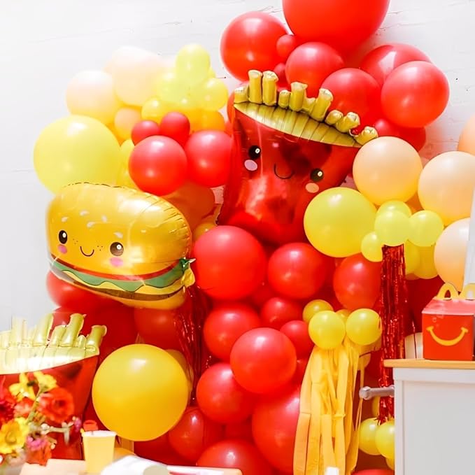 Fast Food Hot Dog Party Decorations 140PCS Red Yellow Balloon Garland Acrh Kit with Hamburger French Fries and Hot Dog Foil Balloon for Junk Fast Food Picnic Themed Birthday Baby Shower Party Supplies