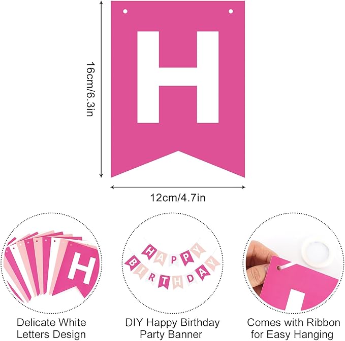 Happy Birthday Banner Sign, Birthday Garland Wall Door Hanging Banners Flag for Women Men Boys Girls Party Backdrop Decorations, Personalized Name Banner White Letters Pink and White ﻿