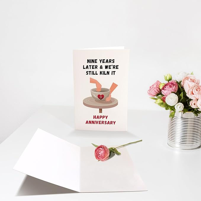 Funny 9th Anniversary Card & Gift for Husband Wife, Pottery Anniversary Pun Card Gifts for Him Her, 9 Years Together Wedding Anniversary Card for Couple, Nine Years Later & We're Still Kiln It