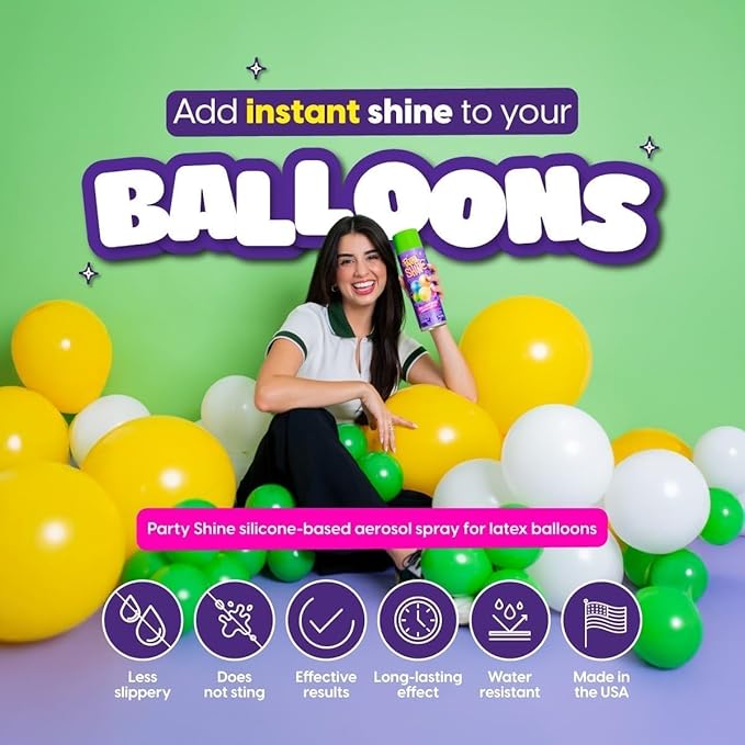 Party Shine Balloon Shine Spray, Silicone Spray for Latex Balloons, Balloon Spray Shine, Waterproof, Fragrance-free and Less Slippery Formula, Perfect for Balloon Décor, Parties, Events, 8oz (1 Pack)