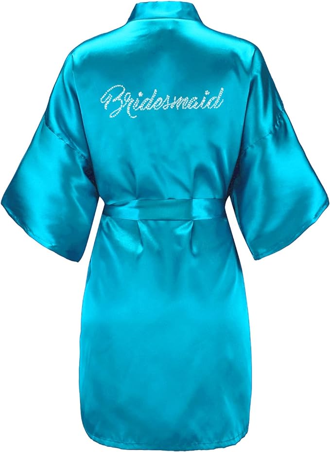 EPLAZA Women's One Size Silver Rhinestones Bride Bridesmaid Short Satin Robes for Wedding Party Getting Ready