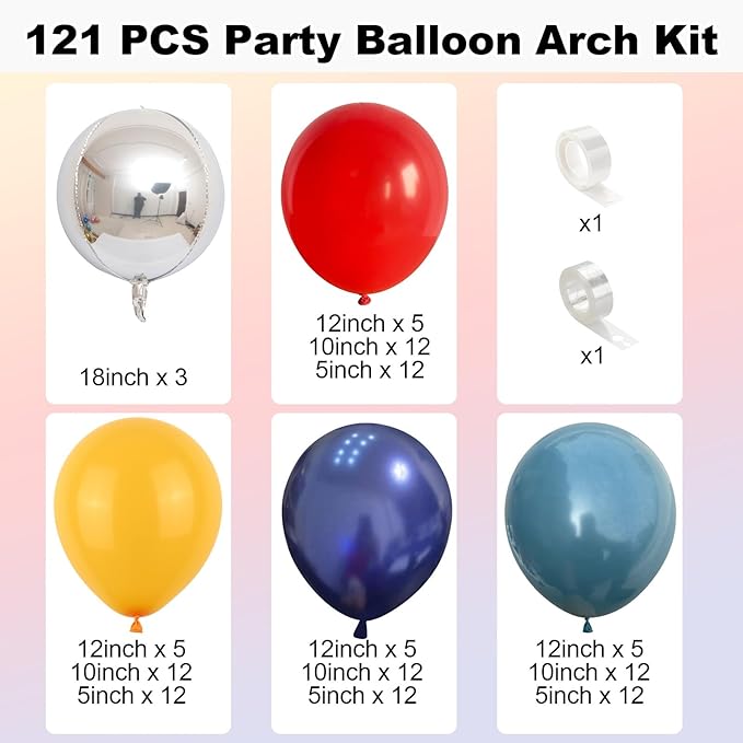 Red Blue Yellow Balloon Arch Kit with 4D Silver Ball Foil Balloons, Dusty Navy Blue Red Yellow Latex Balloons Garland for Carnival Circus Birthday Baby Shower Party Decorations