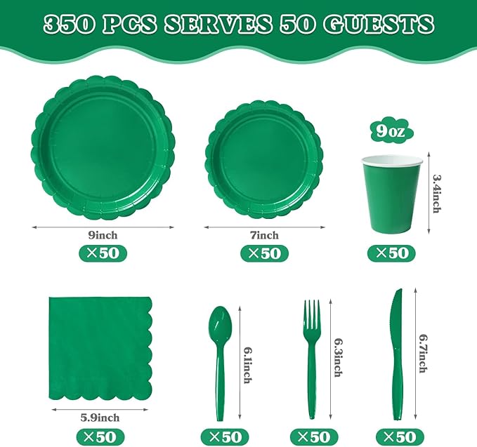 Vyntra 350 Pcs Green Paper Plates and Napkins Set for 50, 9" Dinner Plates & 7" Dessert Plates, Tableware for Party, St. Patrick’s Day, Birthday