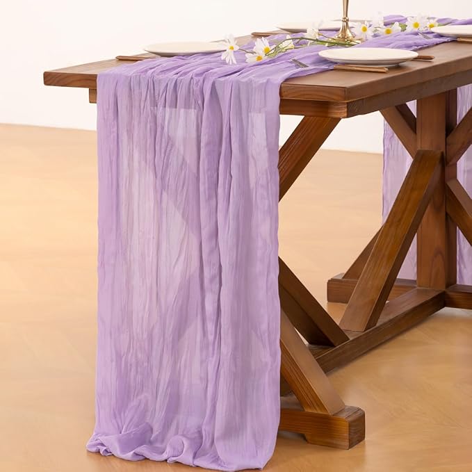 Socomi 3pcs Lilac Purple Lavender Cheesecloth Table Runner Easter Spring Boho Rustic Gauze 120 inch 10FT Cheese Cloth Runner for Wedding Party Baby Shower Birthday Home Decor Holiday Decorations