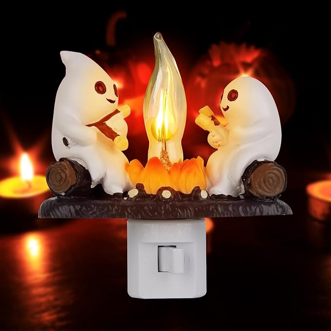 Ghost Campfire Flickering Night Light, Ghosts Campfire Flicker Flame Halloween Nightlight, 3D LED Campfire Night Light, Halloween Nightlight Indoor Figurine Lamps, Easter Basket Stuffers