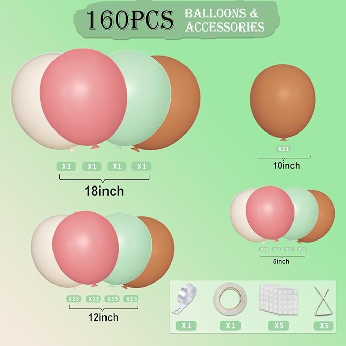 Sage Green Pink White Brown Balloons Garland Arch Kit, 160Pcs Boho Dusty Green Cherry Blossom Pink White Sand Brown Balloons for Girl Bridal Baby Shower Wedding Birthday Party Decorations