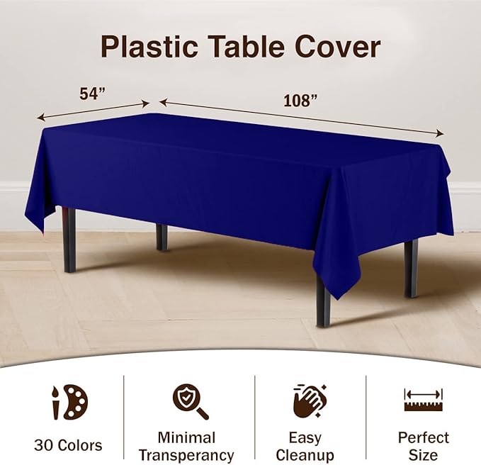 Exquisite 12-Pack Premium Plastic Tablecloth 12-Pack Premium Plastic 54in. x 108in. Rectangle Table Cover - Navy Blue