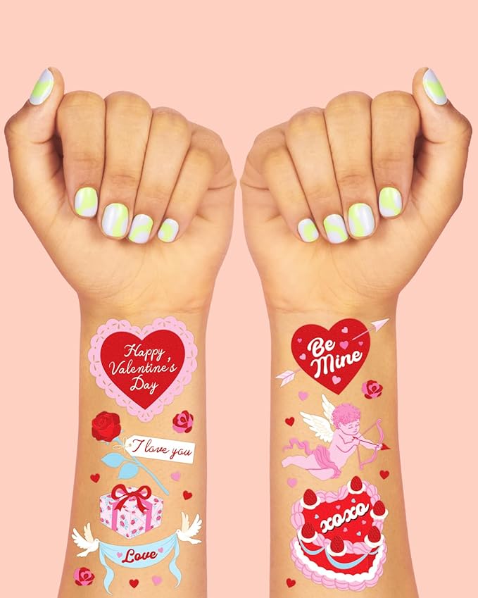 xo, Fetti Valentine Temporary Tattoos - 48 designs, 2 sheets | Pink and Red Hearts, Love Theme, Classroom Favors, Party Supplies, Kids Valentines, Galentines Gifts, Girly Glam