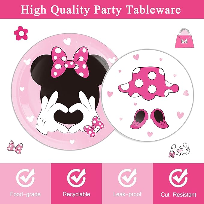 91Pcs Pink Bow Mouse Party Supplies Tableware Set, Cartoon Theme Birthday Party Decorations Include Paper Plates, Napkins, Tablecloth, Straws, Cups, Knives, Spoons and Forks (Pink)