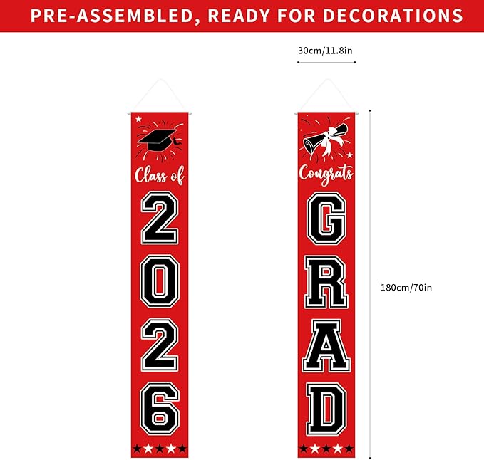 Graduation Decorations Class of 2026 Hanging Grad Banner, Graduation Decorations Class of 2026 for Any Schools or Grades (red)