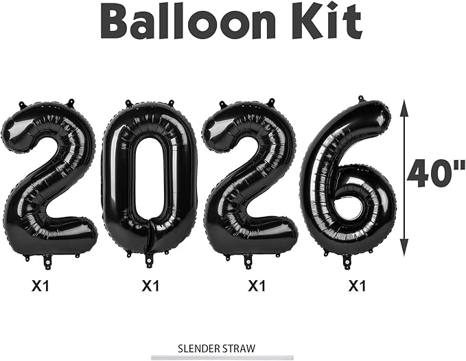 Black 2026 Number Balloons, 26 Balloon Number 40 Inch for Men & Women, Foil Balloon for 2 20 26 22 Birthday, 2026 New Year Eve Party Supplies, Graduation Decorations