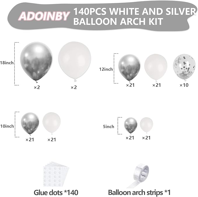 White and Silver Balloon Arch Kit, 140Pcs White Metallic Silver and Silver Confetti Party Balloon Garland Kit for Birthday, Wedding, Engagements, Baby Shower, Anniversary Party Decorations
