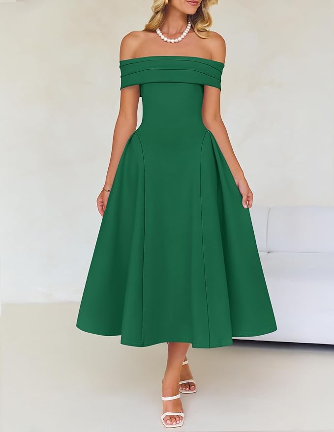 ZESICA Summer 2026 Cocktail Dresses for Women's Off Shoulder Short Sleeve Swing A Line Wedding Evening Party Midi Dress