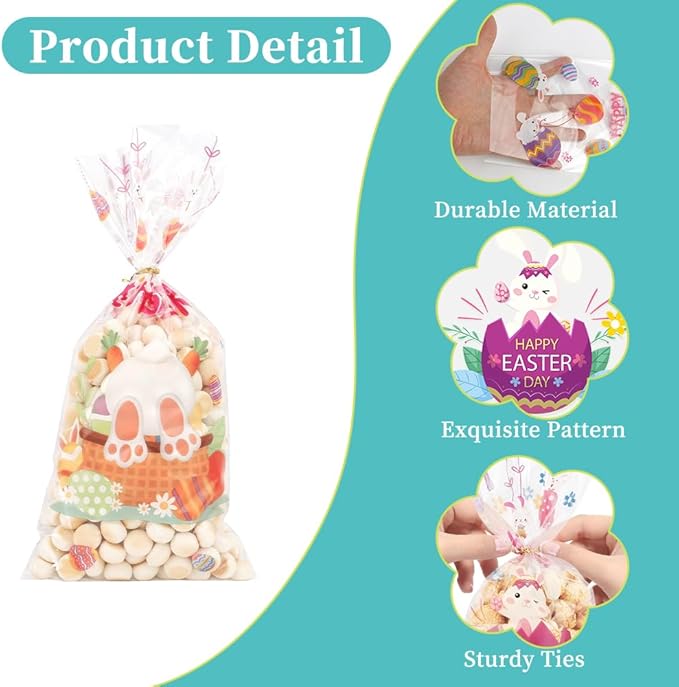 Easter Goodie Bags, 100 PCS Easter Cellophane Treat Bags, Easter Cookie Snack Candy Party Favor Ziplock Cookie Bags Holiday Candy Bags Easter Plastic Gift Bags for Gift Giving Easter Decorations