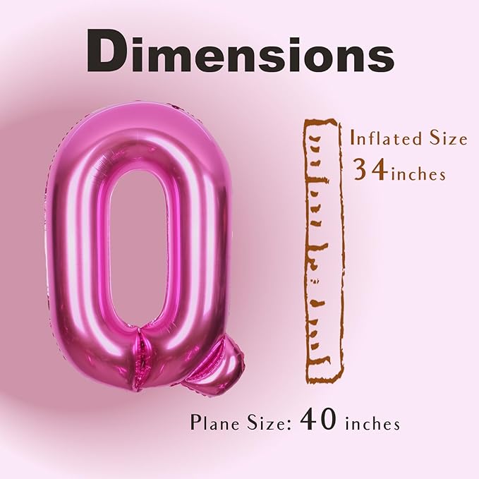 SUWEN 40 Inch Hot Pink Large Q Letter Balloons Big Foil Helium Letter Balloons A-Z Jumbo Mylar Happy Birthday Party Decorations for Woman Anniversary Party Supplies