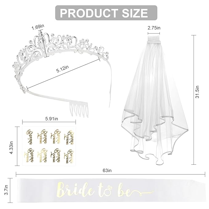 CIEHER Silver Tiara + Wedding Veil + Bride To Be Sash + Bachelorette Temporary Tattoos Set, Bachelorette Party Favors Bridal Shower Decorations