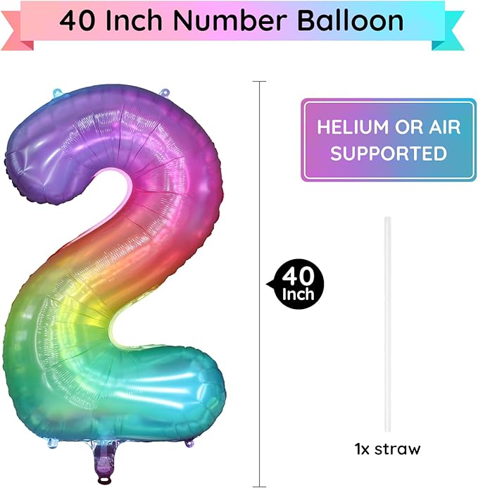 40 Inch Rainbow Number Balloon 2, Large Number Foil Balloons Mylar for Girl Boy Birthday Party Celebration Decorations Supplies, Digital Balloons for Wedding Anniversary Events Decorations
