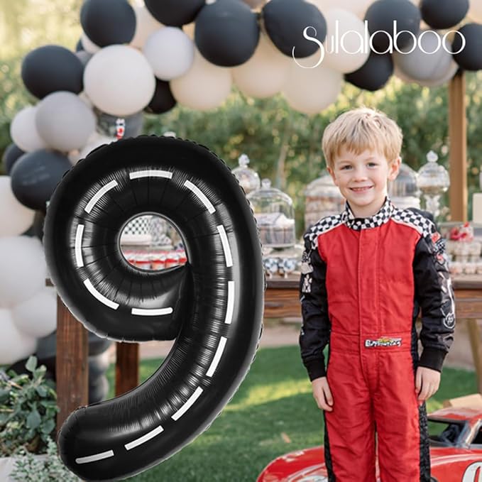 Race Car 40Inch Black 9 Balloon Number Large Helium Race Track 0-9 Giant Digital 9th Foil Mylar Big Party Number Balloons for Boy Birthday Car Theme Party Anniversary Graduation Decorations