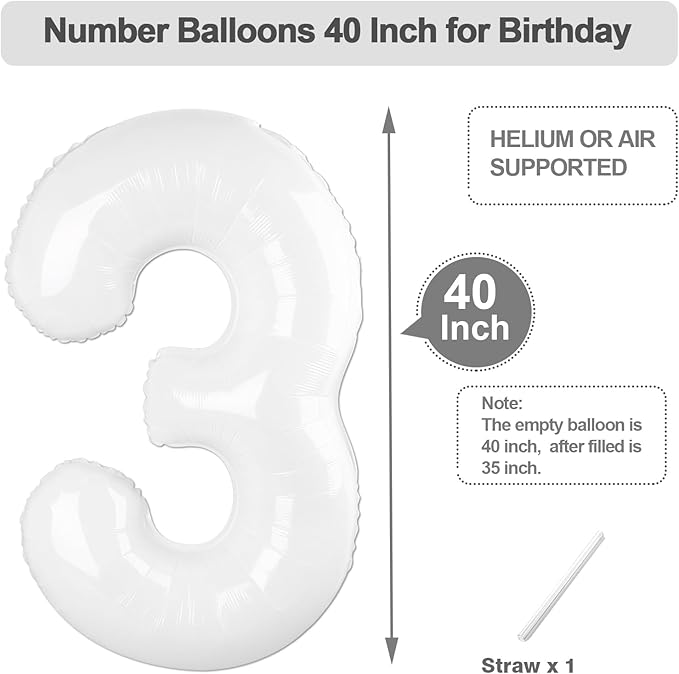 3 Birthday Balloons, 40 Inch 3 Balloon for Birthday Party Decoration, White Number 3 Ballon for 3, 13, 23, 39 Celebration, Men and Women, Wedding, Anniversary Decor
