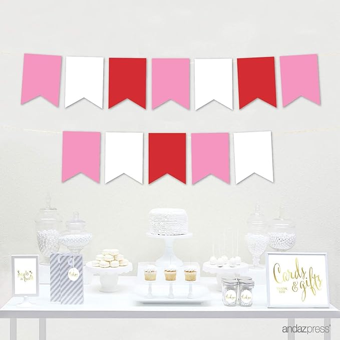 Andaz Press Hanging Pennant Banner with String, Pink, White, Red, 1-Set, 24 Pennants, Approx. 12-Feet Long, Valentine's Theme Colored Supplies