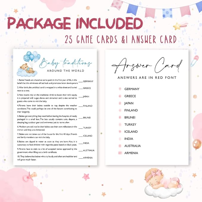 Baby Traditions Around The World Shower Game, 25 Blue Bear & Balloon Theme Cards with 1 Answer Key, Fun Baby Shower Games for Boys, Party Activities & Supplies -B06