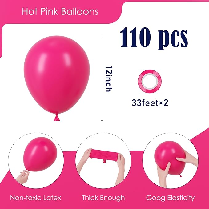 110pcs Hot Pink Balloons 12inch Dark Pink Latex Party Balloons for Graduation, Wedding, Birthday, Princess Theme Party, Valentine's Day, Baby Shower, Anniversary Party Decorations