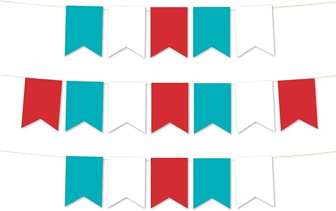 Andaz Press Hanging Pennant Banner with String, Red, White, Turquoise Aqua, 1-Set, 24 Pennants, Approx. 12-Feet Long, Birthday Theme Colored Supplies