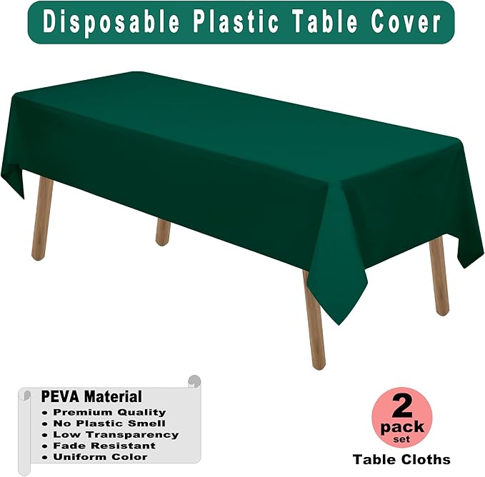 Dark Green Plastic Tablecloths 2 Pack Hunter Green Disposable Table Covers 54 x 108 Inch Bridal Shower Party Tablecovers PEVA Forest Green Table Cloths for Birthday Wedding 8 ft Rectangle Table Use