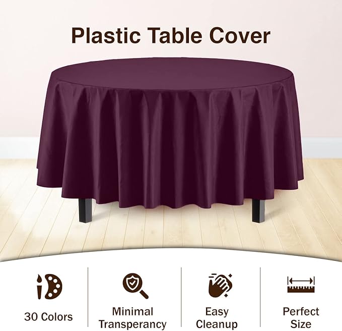 Exquisite Party Solids 6-Pack Premium Plastic Tablecloth 84in. Round Plastic Table Cover - Plum