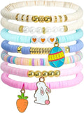 7 Pcs Easter Bracelets for Women with Bunny Carrot and Egg Charms Pastel Preppy Stretch Polymer Clay Beads Stackable Jewelry Set for Easter Gifts and Spring