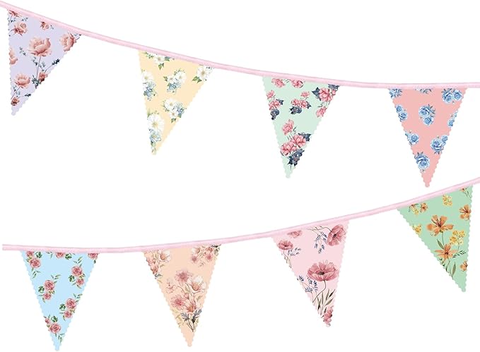 2PCS Floral Paper Garland, 13ft Vintage Wildflower Bunting Triangle Banner for Tea Party Birthday Baby Shower Wedding Garden Party Mother's Day