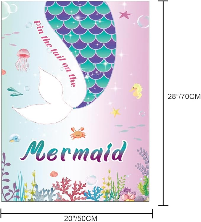 T-Antrix Pin The Tail on The Mermaid Game -Mermaid Party Game for Girls with 21'' x 28'' Poster, Reusable Tails Sticker Party Supplies for Kids Girls Birthday Party Favor Sets