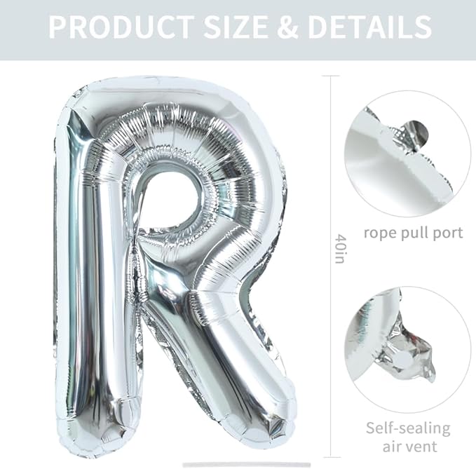 TONIFUL 40 Inch Large Silver Letter R Balloons, Foil Mylar Big Letter Balloons for 2026 New Year Eve Graduation Wedding Baby Shower Birthday Party Anniversary Supplies Decorations