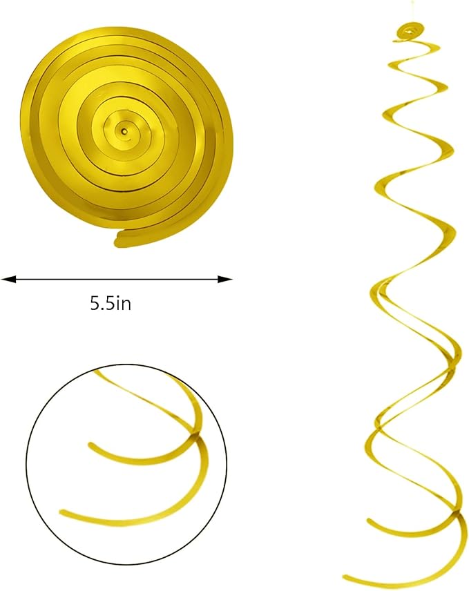 Gold Ceiling Swirl Foil Decorations Hanging Plastic Streamer Themed Swirl Party Decoration for Wedding Thanksgiving Day Graduation Celebration, Pack of 28
