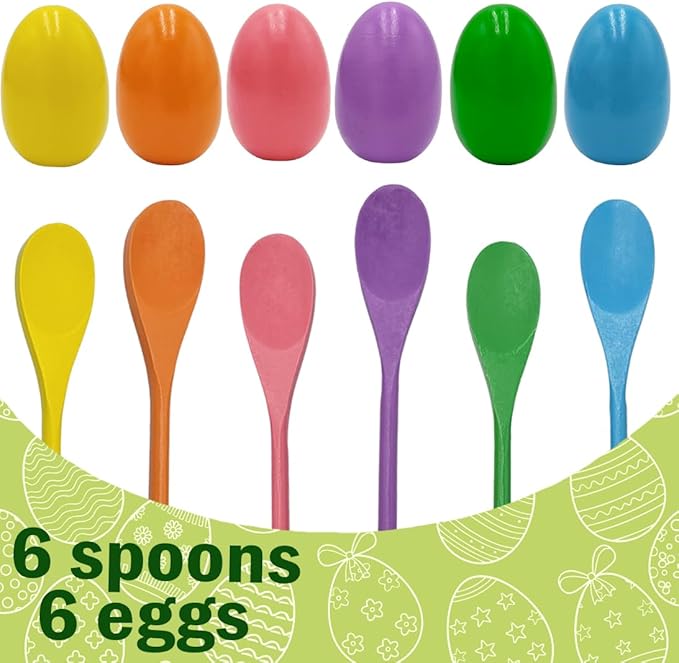 6 Wooden Easter Eggs and 6 Wooden Spoon Race Game Set, 6 Sets, Multi-Player Carnival Game for Kids & Family Activity Holiday Outdoor Yard Easter Egg Hunt Birthday Party Lawn Games