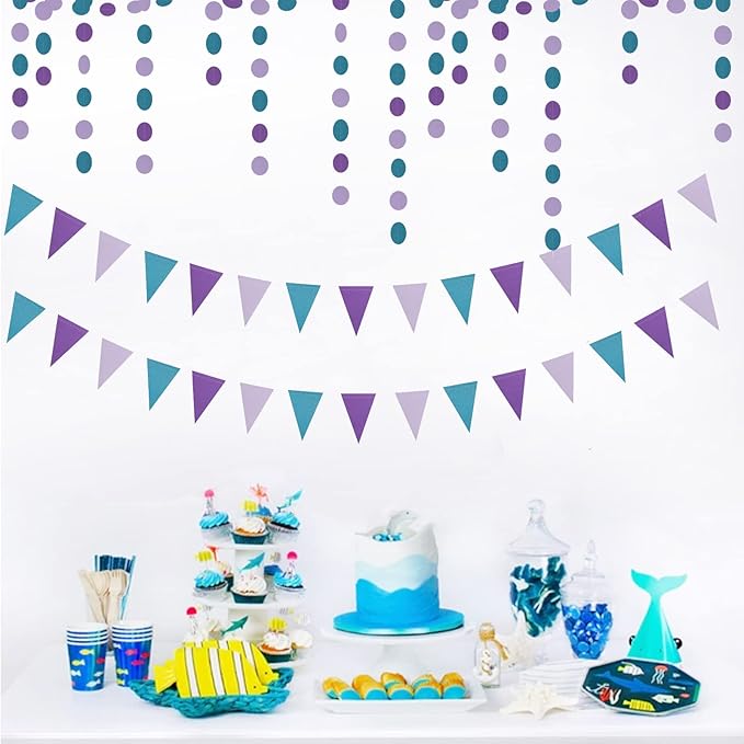 Mermaid Party Decorations Pennant Banner - 2 Pack Glitter Purple Blue Under The Sea Paper Triangle Flags Garland, Little Mermaid Theme Girls Birthday Wedding Baby Shower Party Bunting Panduola